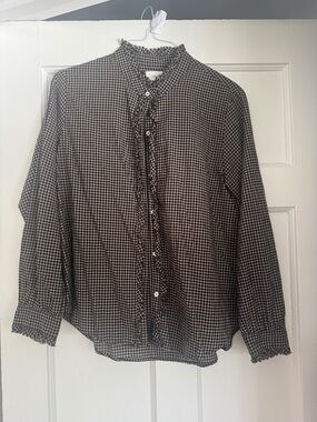 XiRENA Black and White Gingham Ruffle-Trim Button Front Blouse